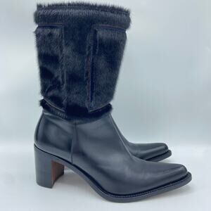 Principe Di Bologna Fur Trim Leather Boots Size 40 9 US Black Pointed Toe Heeled